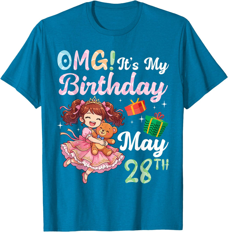 H1Shop Happy Birthday Born On May 28 OMG It's My Birthday Born On May 28th Girl with Present Bear T-Shirt - Sapphire Blue