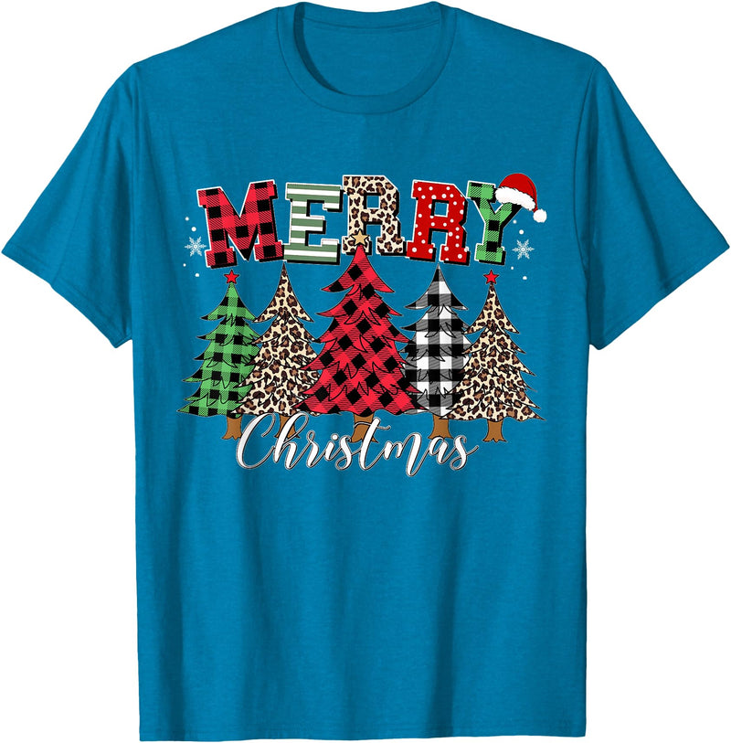 Merry Christmas Leopard Buffalo Red Plaid for Men Women T-Shirt - Sapphire Blue