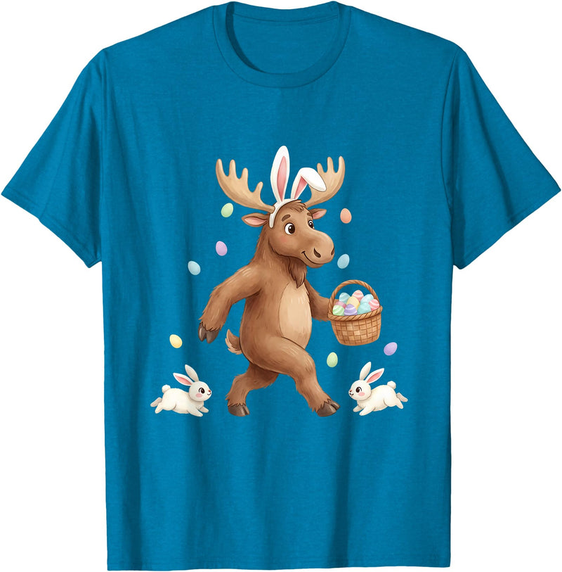 Cute Easter Bunny Rabbit with Eggs Whimsical Moose Design T-Shirt in Sapphire Blue
