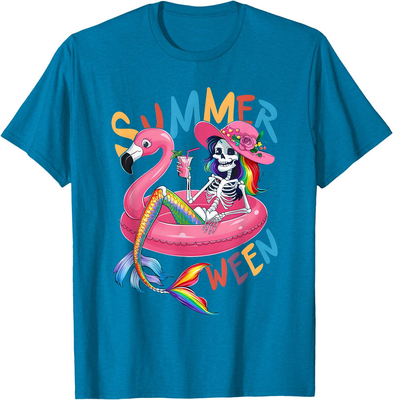 Summer Halloween Summerween Summerween Mermaid Skeleton Flamingo Summer Halloween Women T-Shirt - Sapphire Blue
