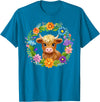Highland Cow Lover Gifts Apparel and More Highland Cow Flowers Wreath Floral Farm Scottish Country T-Shirt - Sapphire Blue