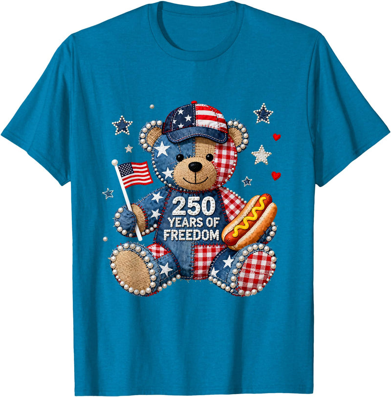 Patriotic Bear USA Vintage Co 250 Years of Freedom Patriotic Bear USA Retro T-Shirt - Sapphire Blue