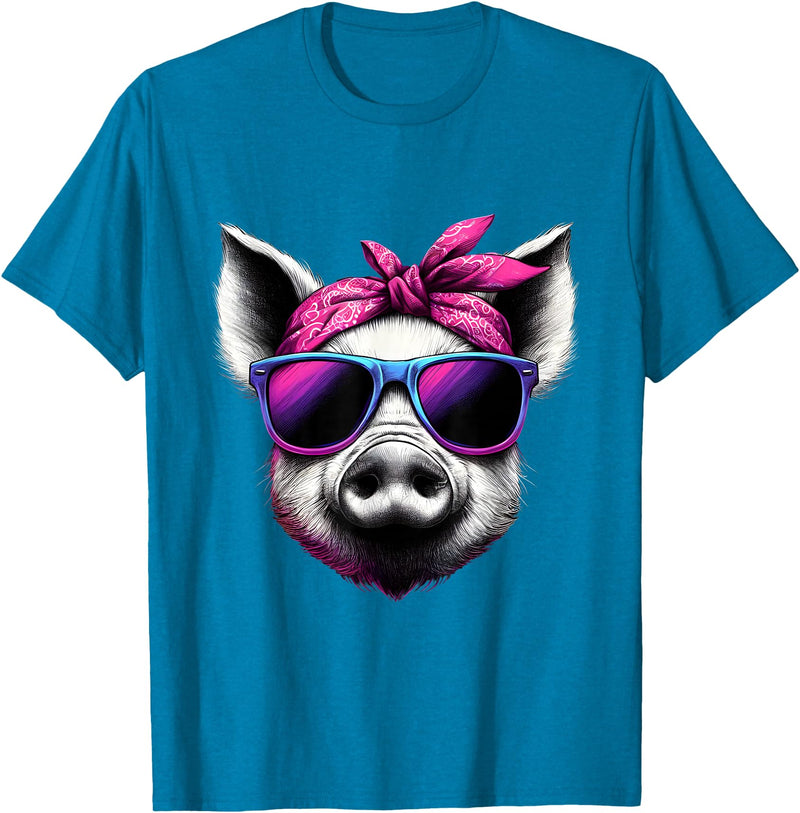 Fashionable Animals Wearing Pink Bandanas Pig Wearing Pink Bandana Headband and Sunglasses T-Shirt - Sapphire Blue