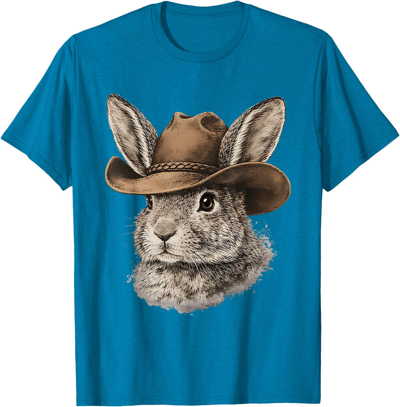 Happy Easter Y'all Rabbit Cowboy Hat Country Western Rodeo T-Shirt in Sapphire Blue