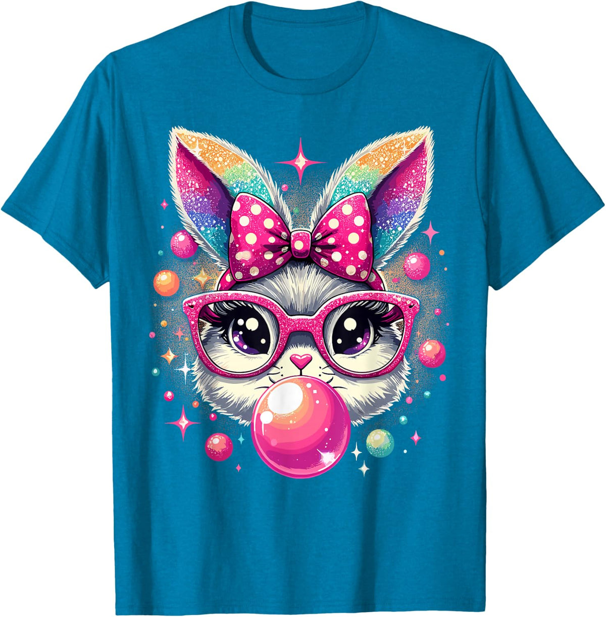 Happy Easter Bunny Tie Dye Coquette Bow Rabbit Face Easter T-Shirt - Sapphire Blue