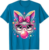Happy Easter Bunny Tie Dye Coquette Bow Rabbit Face Easter T-Shirt - Sapphire Blue