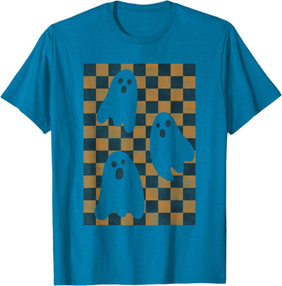 Trendy Holiday Apparel Halloween Ghosts Spooky Season Checker Board Distressed T-Shirt