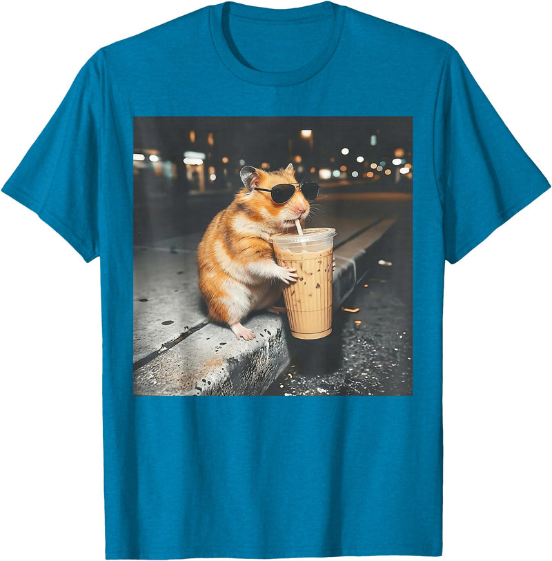 Hamster Drinking Iced Coffee Funny Animal Meme Men Women T-Shirt - Sapphire Blue