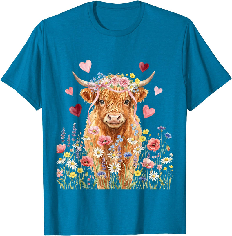 Floral Scottish Highland Cow Farm Animals Cute Highland Cow Women Girls Kid Scottish Cow Highland Cow T-Shirt - Sapphire Blue