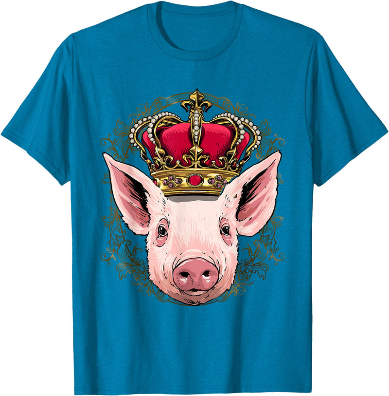 Wowsome! King Pig Wearing Crown - Queen Pig Animal T-Shirt - Sapphire Blue