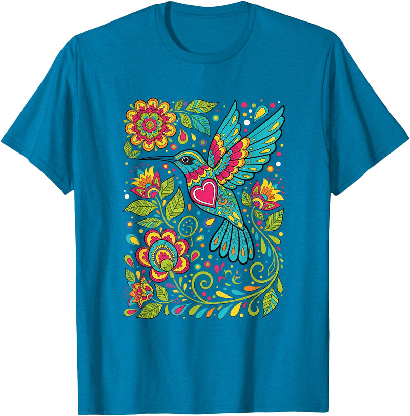 FolkFlight Design Co Bird Hummingbird Floral Folk-Art Colorful T-Shirt - Sapphire Blue