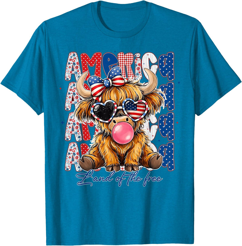 Cute Cow Creations Highland Cow 4th of July, Patriotic Cowgirl Bow Design T-Shirt - Sapphire Blue