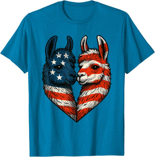 Fourth of July Clothing Co. Patriotic Llamas Heart American Flag 4th of July Graphic T-Shirt - Sapphire Blue