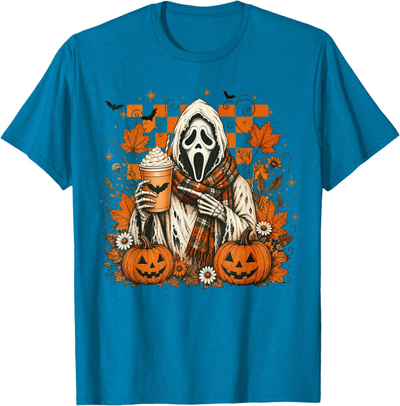 Halloween Pumpkin Ghost Autumn Leaves Graphic Cute Spooky Ghost Fall Halloween Coffee Latte Autumn Pumpkin T-Shirt -