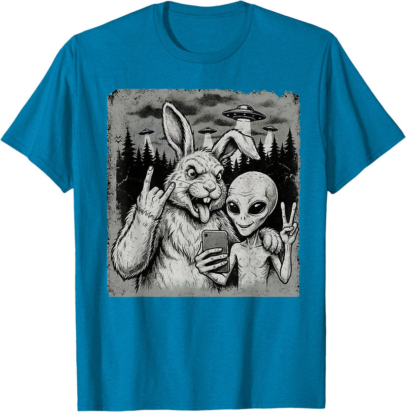Funny Rabbit and Alien Rock on Hand Sign UFO Selfie T-Shirt in Sapphire Blue