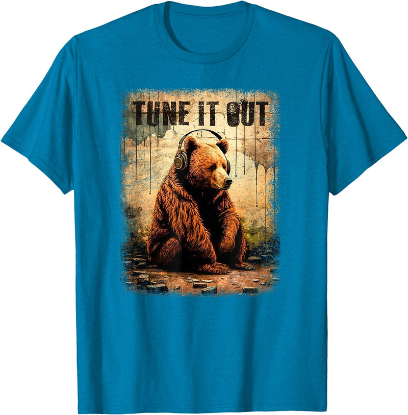 Tune It Out Bear - HQ Tune It Out Brown Bear With Headphones Grizzly Music Noise T-Shirt - Sapphire Blue