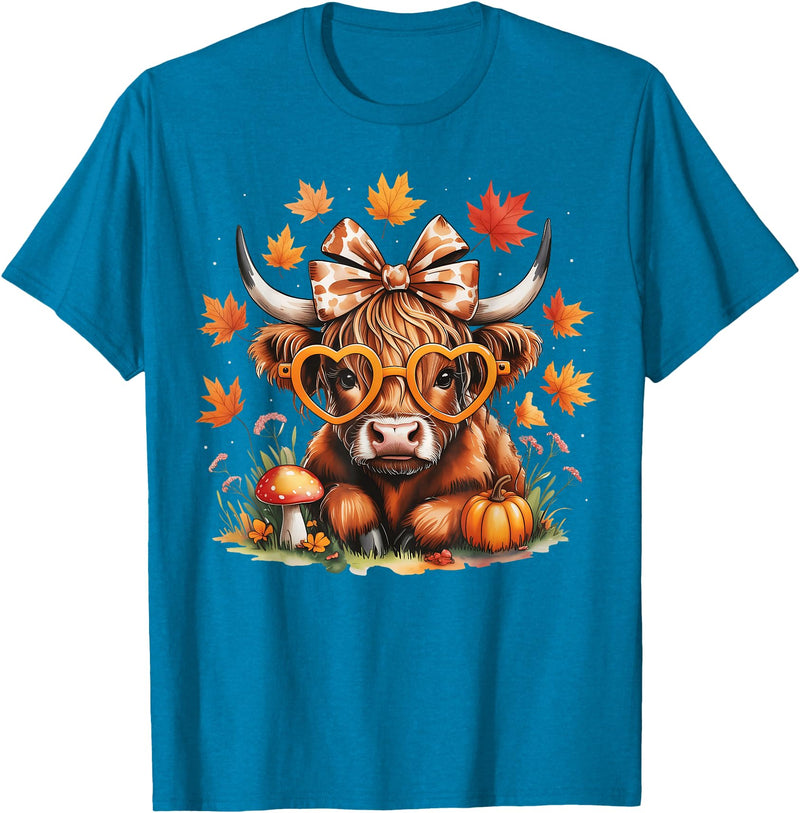 Fall Highland Cow Bow ThanksGiving Ades.shirt Fall Highland Cow Pumpkin Bow Thanksgiving Fall Girl Women T-Shirt - Sapphire