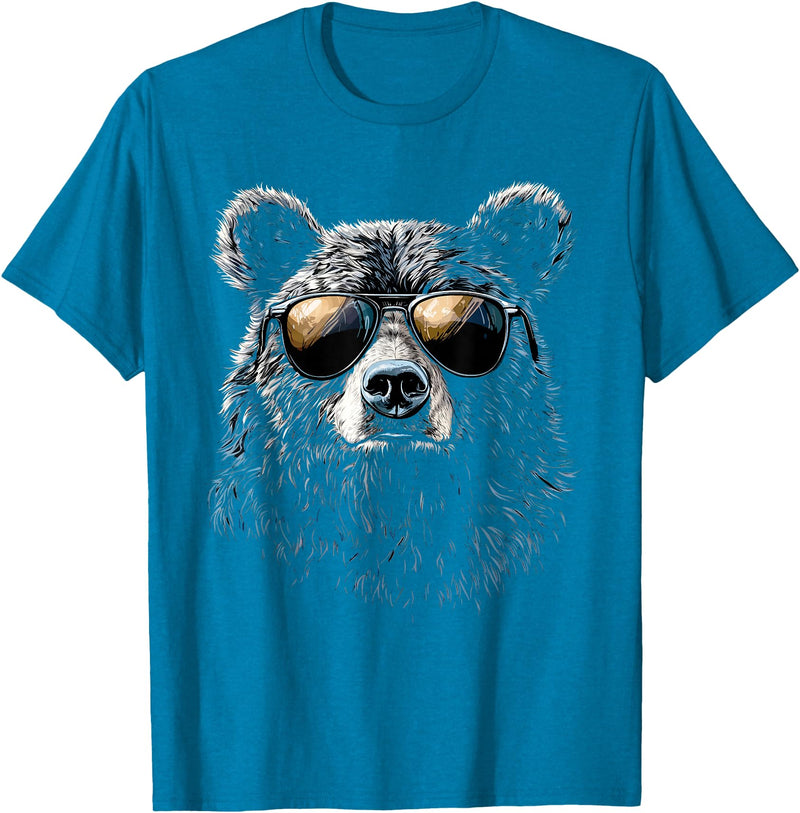 Forest Illustration Bear Art Nature Bear Wearing Sunglasses Wildlife Artwork Graphic Bear T-Shirt - Sapphire Blue