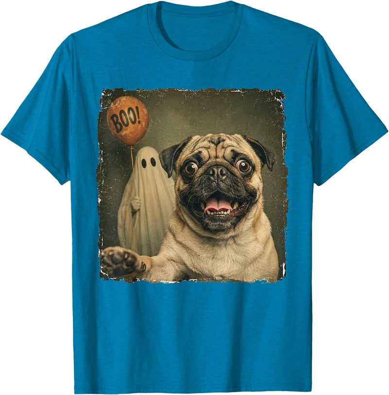 Issebl Dog Pug Lover Funny Pug Halloween Ghost Selfie Dog Funny T-Shirt - Sapphire Blue