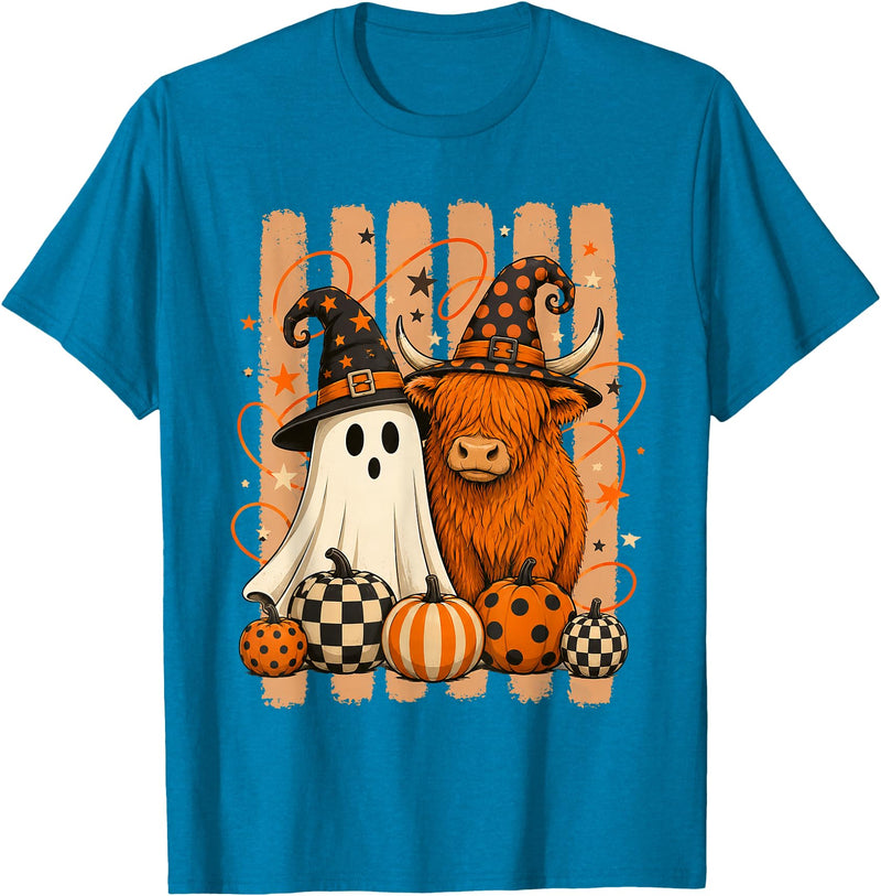Spooky Highland Cow Heifer Funny Halloween Spooky Season T-Shirt - Sapphire Blue
