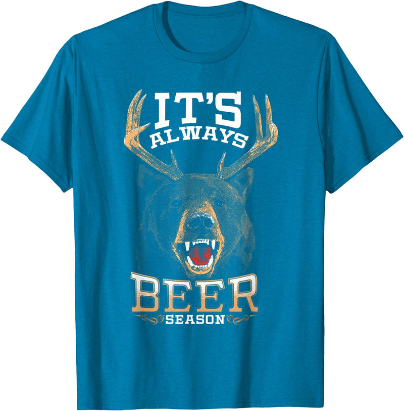 Hunted Apparel It's Always Beer Season Bear Deer Beer Funny Hunter Hunting T-Shirt - Sapphire Blue