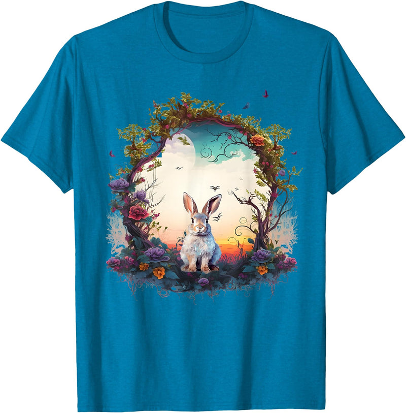 Mountain Woodland Animals Cute Rabbit Nature Floral T-Shirt in Sapphire Blue