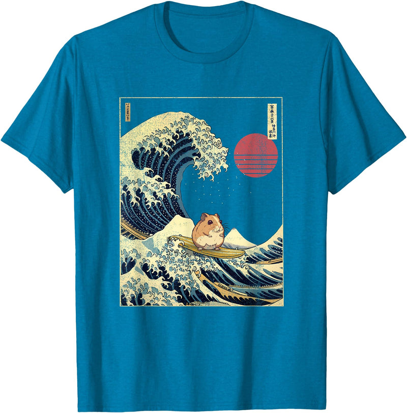 Hamster Kanagawa Wave Funny Surf Animal T-Shirt - Sapphire Blue