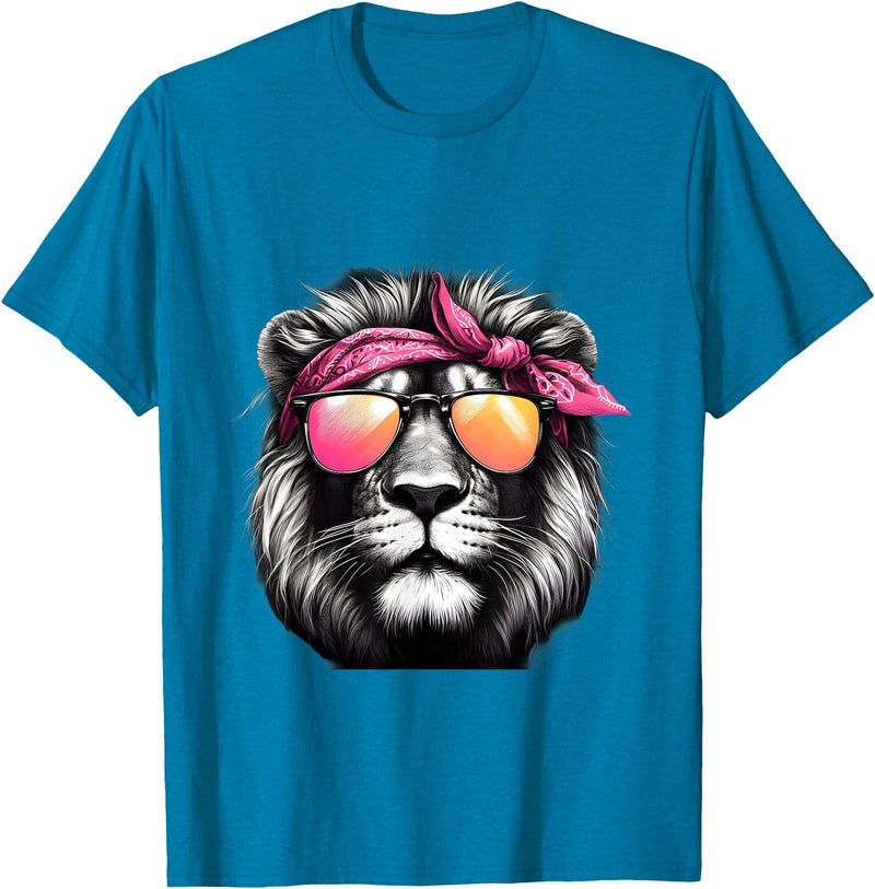 Fashionable Animals Wearing Pink Bandanas Lion Wearing a Pink Bandana Headband and Sunglasses T-Shirt - Sapphire Blue