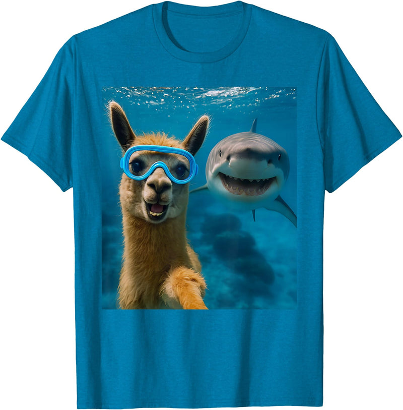 Selfie Llama and Shark Summer Scuba Diving Funny Llama Selfie with Shark Ocean Lovers T-Shirt - Sapphire Blue