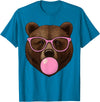 Bear Face Wearing Glasses Apparel For Women ladies Cute Bear Face Eating Gum and Makes Bubble Funny Bears Women T-Shirt - Sapphire Blue