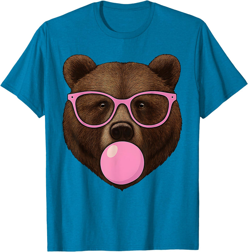 Bear Face Wearing Glasses Apparel For Women ladies Cute Bear Face Eating Gum and Makes Bubble Funny Bears Women T-Shirt - Sapphire Blue