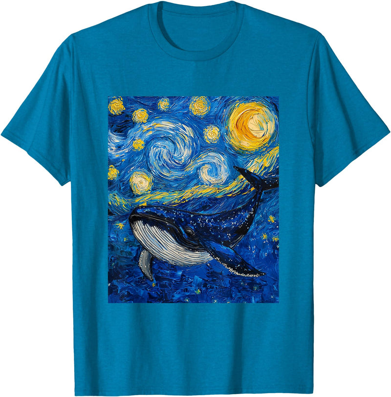 Whale Designs. Whale Fish Van Gogh Style Starry Night Sea Graphic T-Shirt - Sapphire Blue