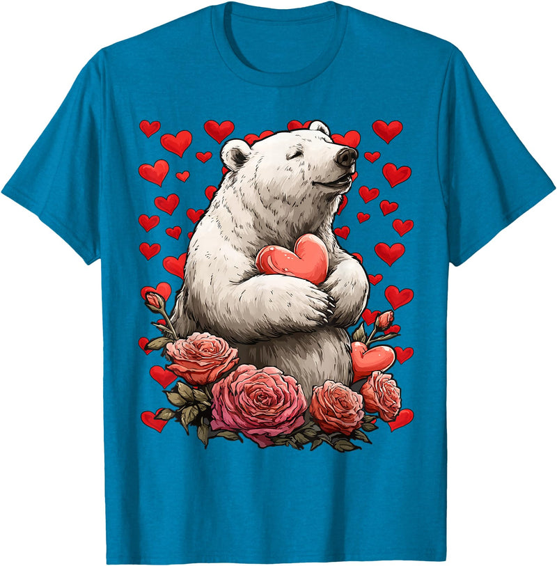 Romantic Animals Valentine’s Day Presents Cute Polar Bear with Red Roses Hearts Valentine’s Day Animal T-Shirt - Sapphire Blue