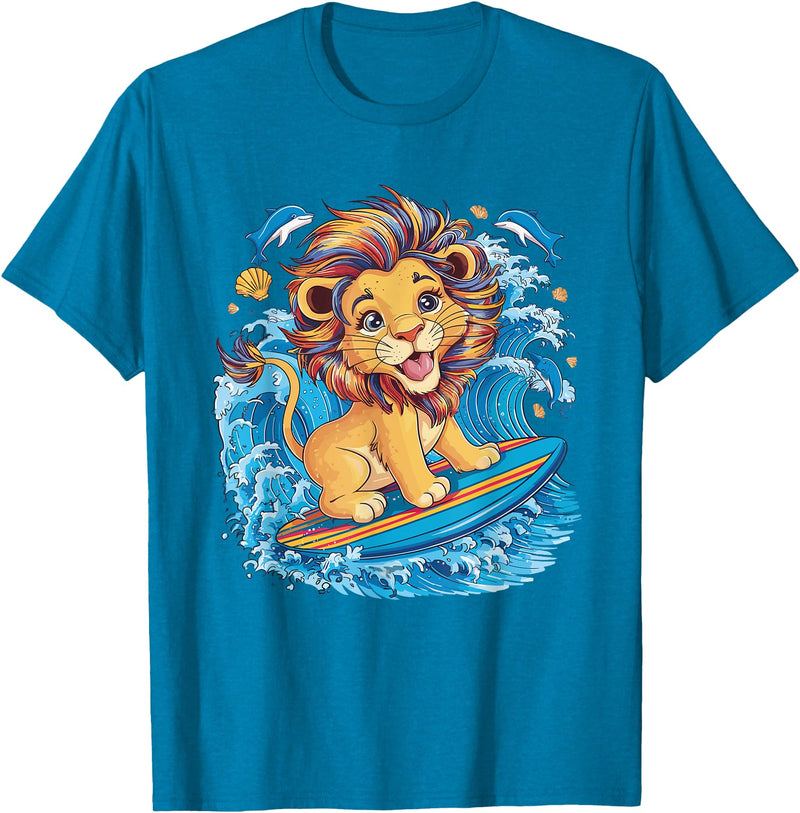 Cute Lion surfing gifts Cute Surfing Lion Riding the Waves T-Shirt - Sapphire Blue