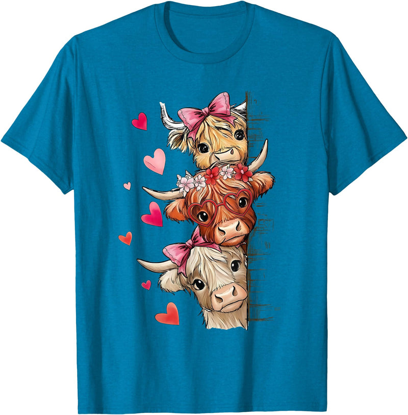 Cute Highland Cow Valentine Cow Lover Cute Highland Cow Trio Hearts Valentine Farm Animal T-Shirt - Sapphire Blue