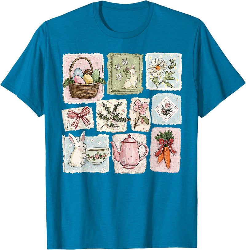 Floral Coquette Spring Easter Bunny Vintage Happy Easter T-Shirt in Sapphire Blue