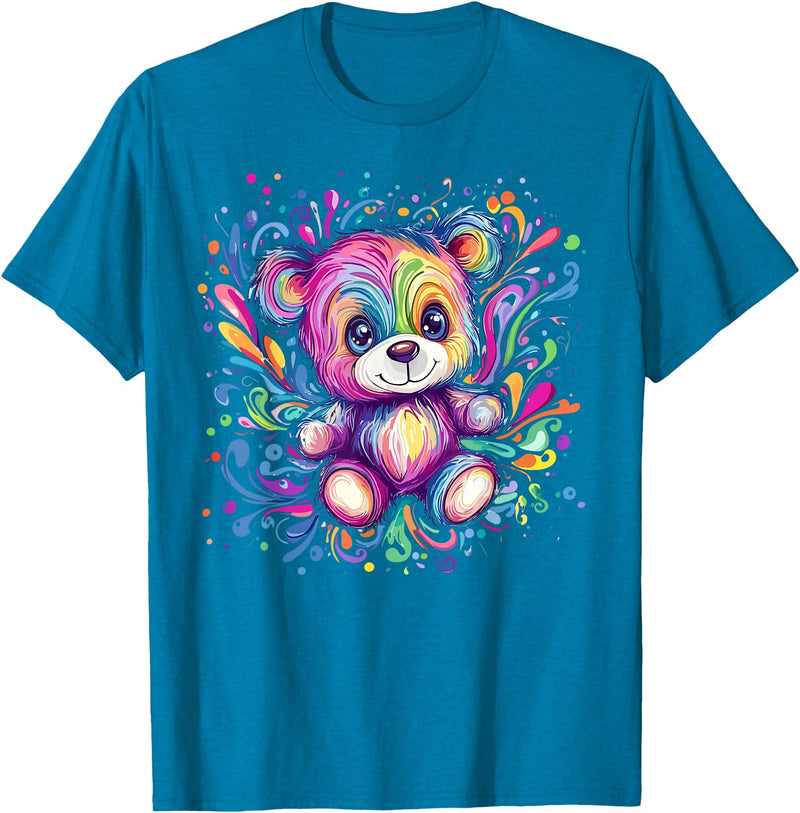 Vibrant Colorful Teddy Bear Illustration Rainbow Splash Teddy Bear T-Shirt - Sapphire Blue