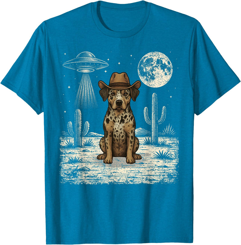 Retro Catahoula Leopard Dog Lover Halloween Moon Funny Catahoula Leopard Dog Cowboy Western UFO T-Shirt - Sapphire Blue