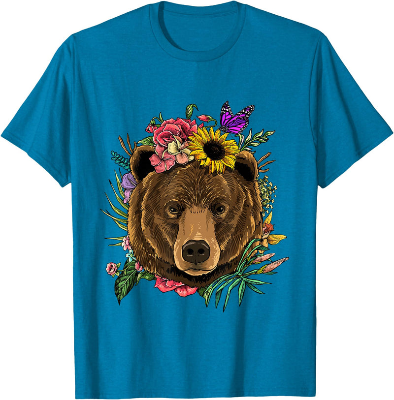 Wowsome! Bear Shirt Nature Floral Grizzly Bear Face Animal Bear Lover T-Shirt - Sapphire Blue