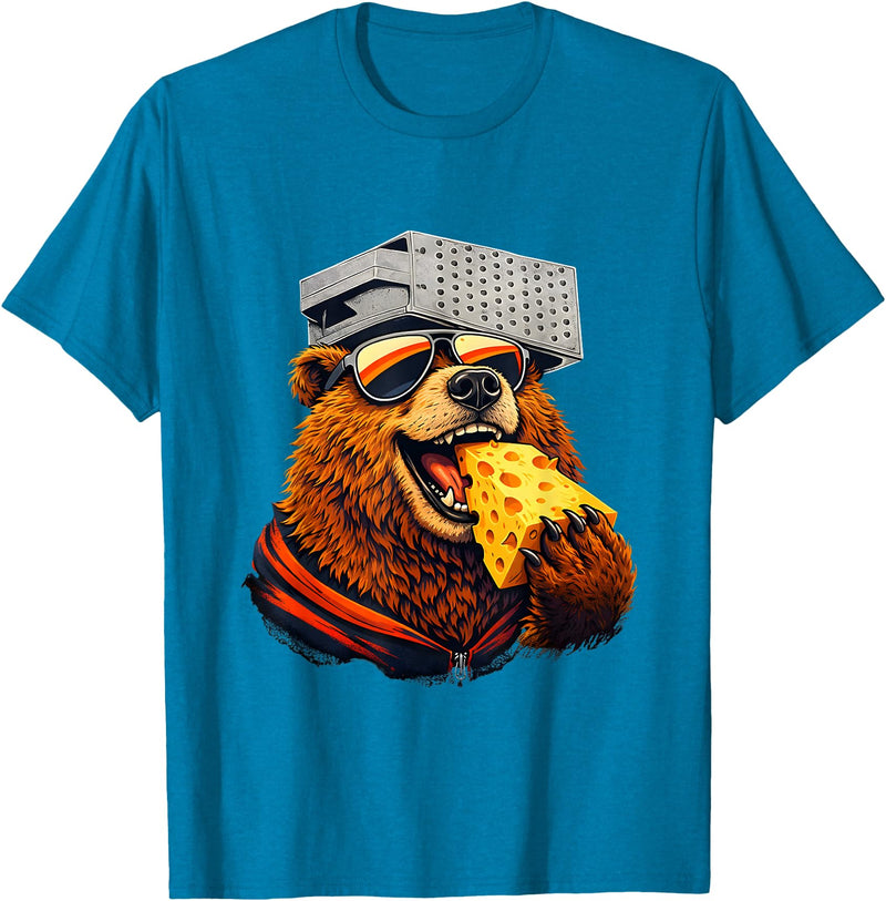 Retro Bear with Cheese for Boys Funny Animal humor Retro Bear Eating Cheese with a Grater Hat T-Shirt - Sapphire Blue