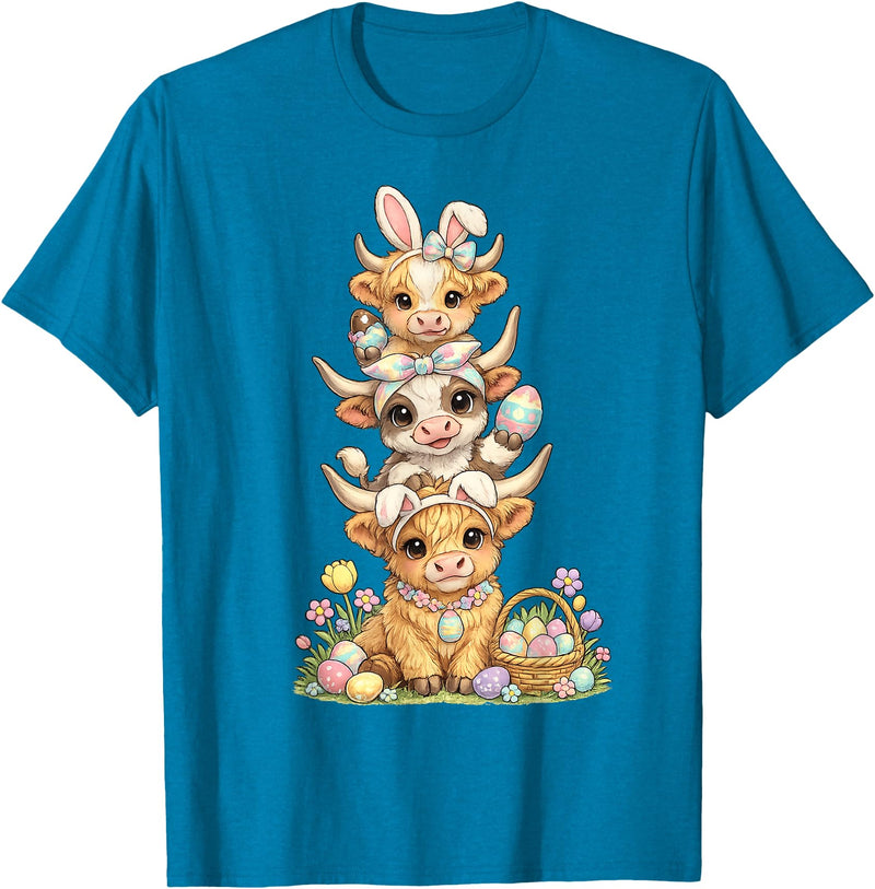 Western Easter Highland Cows Tees Western Easter Highland Cow Cute Bunny Cow Eggs Farmer Girls T-Shirt - Sapphire Blue