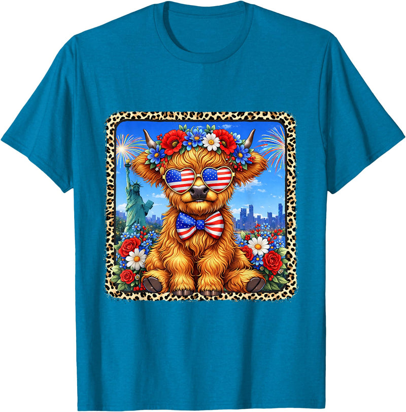 4th of July Apparel 4th of July Cow Patriotic Heart Glasses USA Floral Leopard T-Shirt - Sapphire Blue