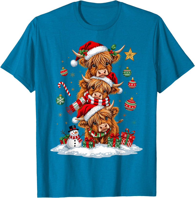 Highland Cow Christmas Winter Tree Farm Women Girl Funny Xmas Merry Moo Cows Highland Cow Christmas Snowman T-Shirt -