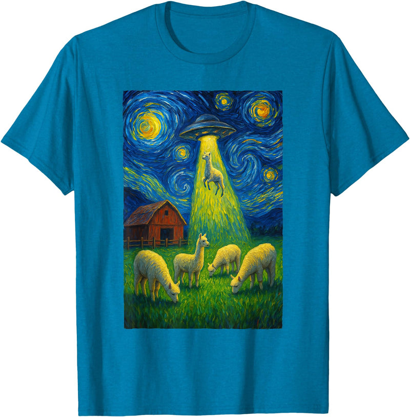 Farming UFO Llama Starry Night Painting Design Llama Alien UFO Abduction Starry Night Farmers T-Shirt - Sapphire Blue