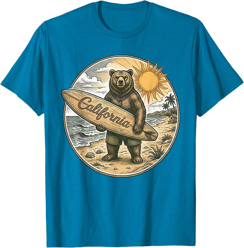 Retro Coastal Surf Bear Vintage Beach Apparel Vintage California Surf Bear Beach Retro Coastal Summer T-Shirt - Sapphire Blue