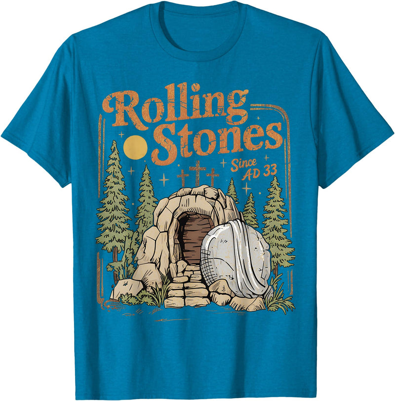 The Stone Was Rolled Away He Alive Retro Christian Easter T-Shirt in Sapphire Blue