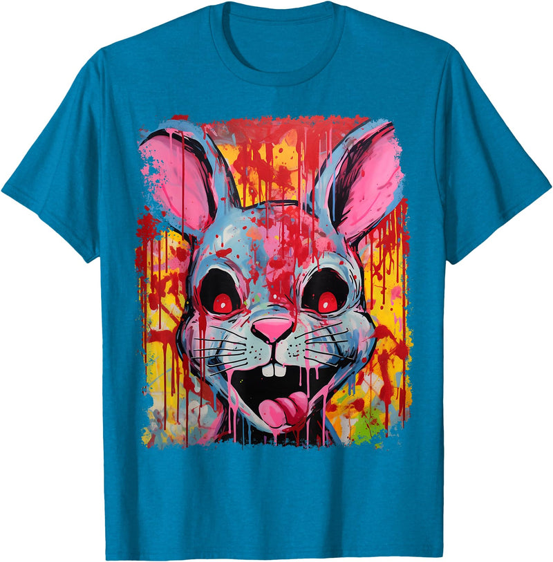 Pop Art Colorful Killer Bunny Rabbit Halloween T-Shirt in Sapphire Blue