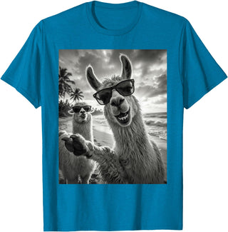 Funny Llama Stuff Accessories & Gifts Cool Llama Selfie At The Beach, Cute Llamas Alpaca T-Shirt - Sapphire Blue