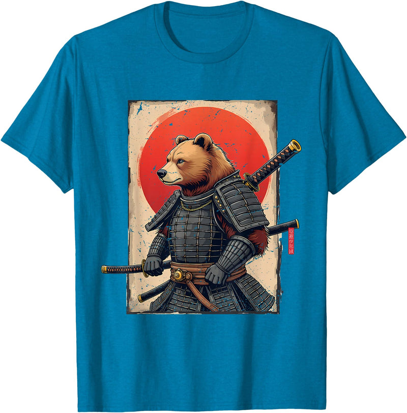 Japanese Samurai Bear Woodblock Art Samurai Brown Bear Ukiyo-e Ink Warrior Art Japanese Bear Art T-Shirt - Sapphire Blue