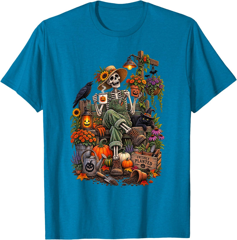 Halloween Gardening Lover Apparel & Gifts Outlet Freshly Planted Skeleton Gardener Halloween T-Shirt - Sapphire Blue